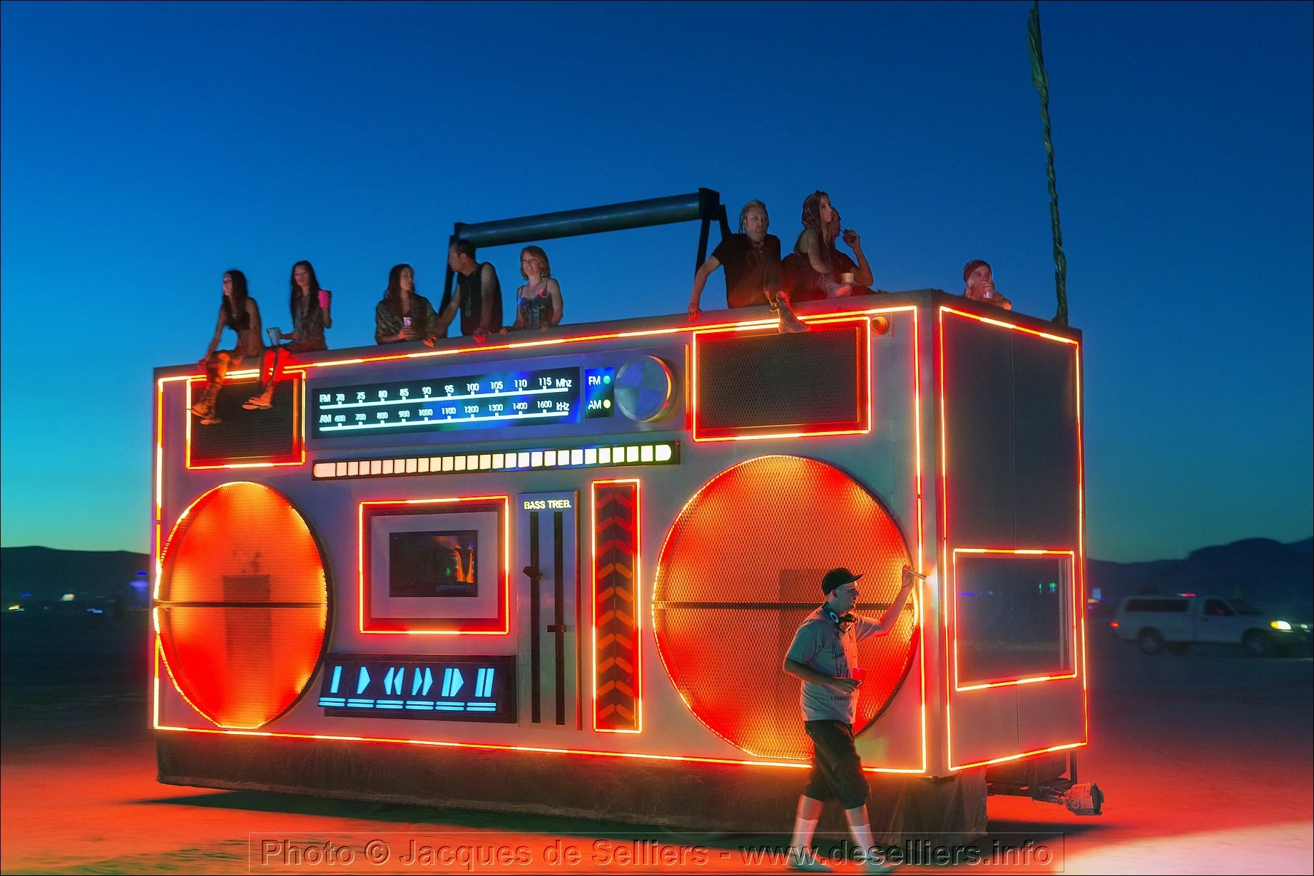 Boombox at Night — mutant vehicle at Burning Man (reference, not built by Rambazamba)